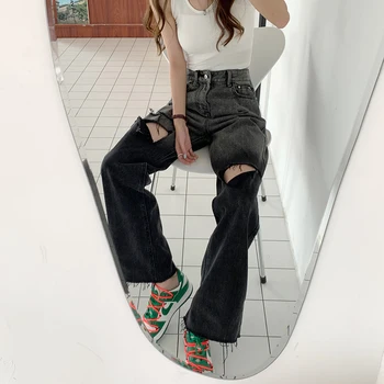  S-XL женски свободни Преки дънкови панталони в стил bf, скъсани дънкови дънки, дамски градинска дрехи, дънкови панталони с висока талия и дупки (78667