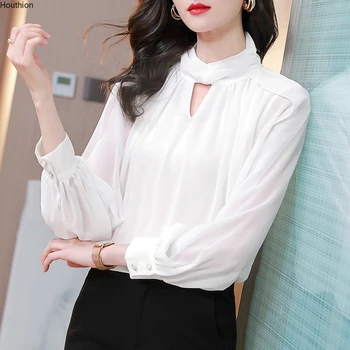 Нова Дамска Блуза с дълги ръкави, Обикновена тениска с V-образно деколте, Шифоновые Върховете На Почивка, Ежедневни Летни Дамски Дрехи в Корейски Стил