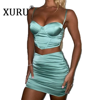  XURU Европейското и американското рокля, Вечерна Рокля, Женски Сатен Костюм от две части, дрехи за нощен клуб, Жена